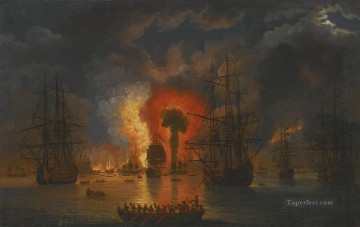 Landscapes Painting - Jacob Philipp Hackert Untergang der turkischen Flotte in der Schlacht von Tschesme 1771 Naval Battles